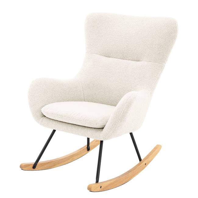 Schaukelsessel mit Holzkufe Weiß/Beige/Creme Teddystoff 75 x 97 x 82cm