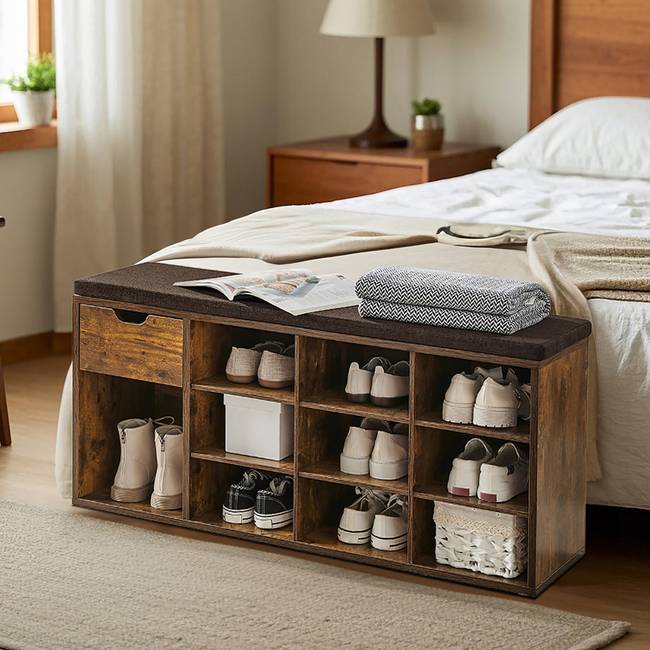 Schuhbank mit Schublade 104 x 48 x 31cm Braun/Altholz Dekor