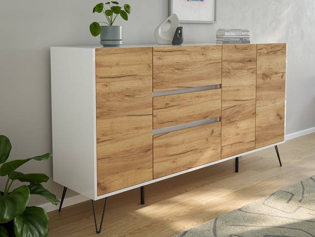 TV-Lowboard Industrial Spanplatte, foliert Braun/Weiß/Eiche Dekor/Hochglanz Weiß 94cm