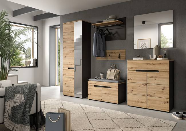 Garderobenbank mit Sitzkissen 80 x 45 x 37cm Holz/Grau/Eiche Artisan Dekor