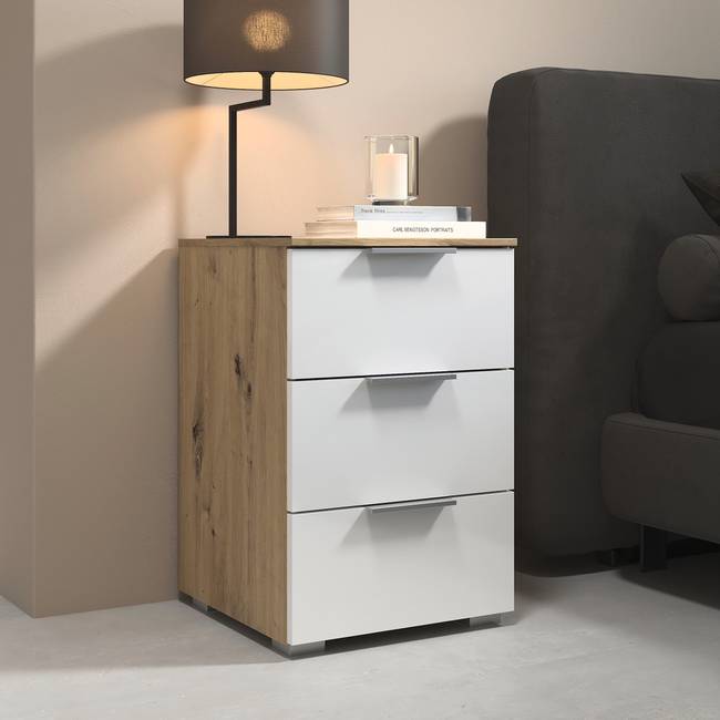 Nachtkommode 61cm 2er Set Holz/Weiß/Hochglanz Weiß/Eiche Artisan Dekor Aluminium