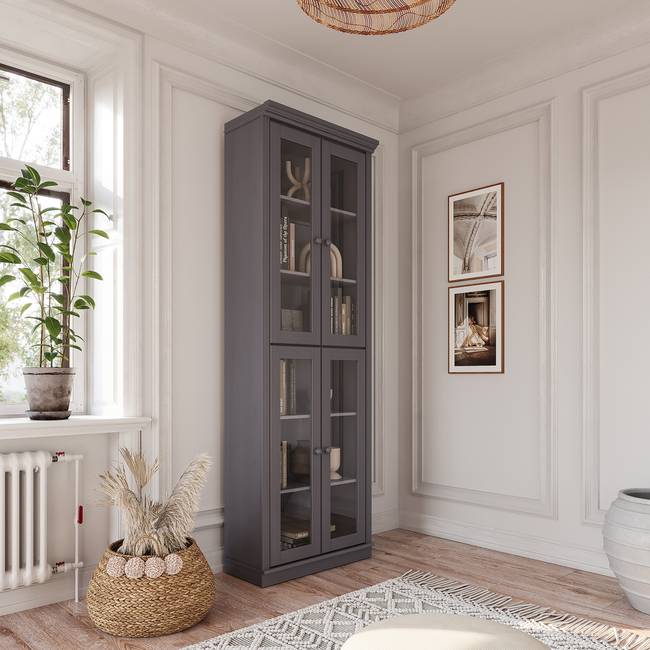 Massiver Vitrinenschrank 74 x 223 x 37cm Grau/Kiefer Grau