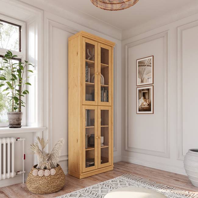 Massiver Vitrinenschrank 74 x 223 x 37cm Holz/Kiefer