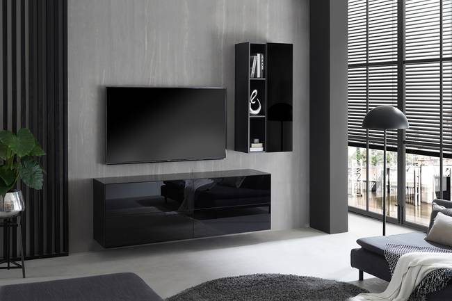 TV-Lowboard mit Schubladen Glas, lackiert Schwarz/Schwarz 181 x 63 x 42cm