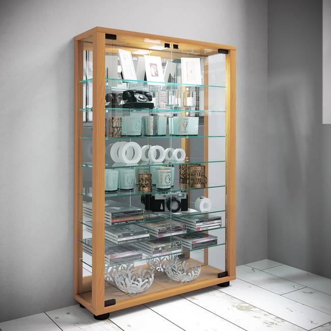 Vitrinenschrank Lumo Mini mit Spiegel 59 x 91 x 18cm ohne Beleuchtung Holz/Braun/Buche Dekor