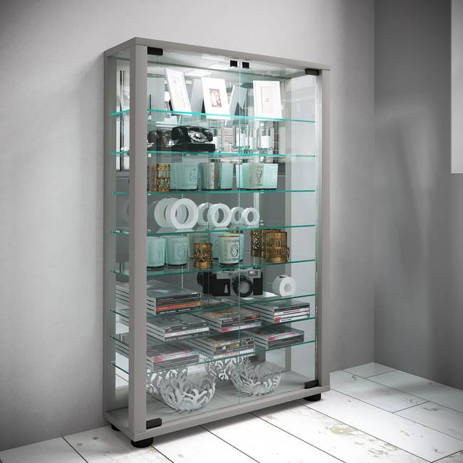 Vitrinenschrank Lumo Mini mit Spiegel 59 x 91 x 18cm ohne Beleuchtung Silber/Silber