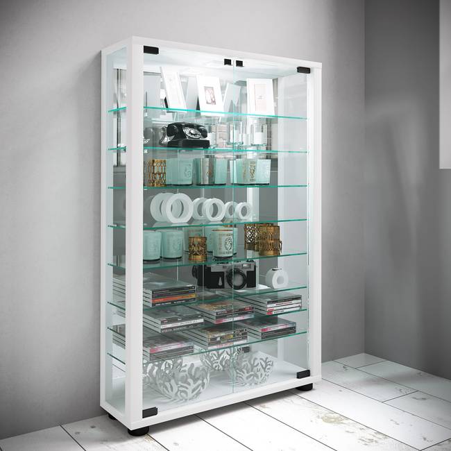 Vitrinenschrank Lumo Mini mit Spiegel 59 x 91 x 18cm mit Beleuchtung Weiß/Weiß