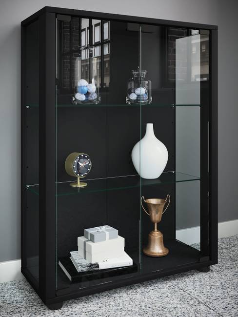 Vitrinenschrank Sintalo 60 x 80 x 25cm mit Beleuchtung Schwarz/Schwarz