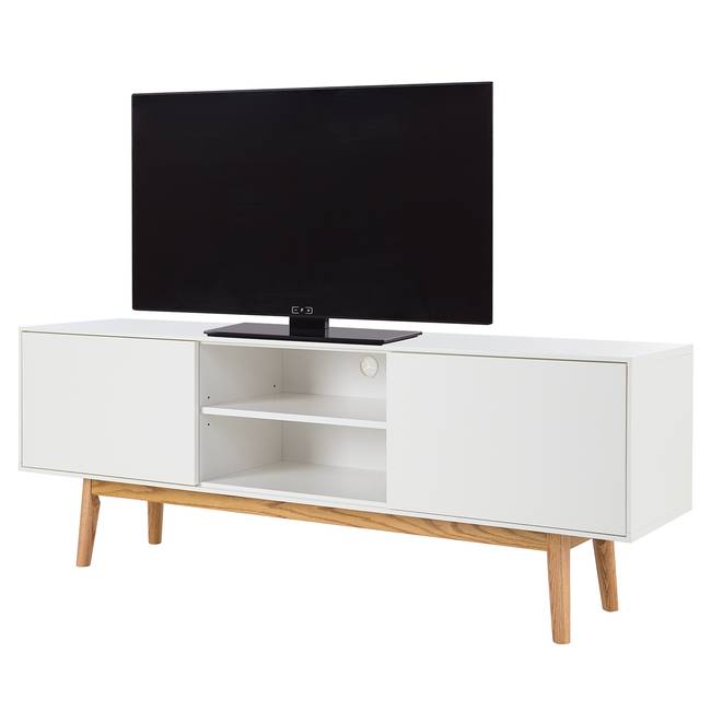 TV-Lowboard Front & Korpus: MDF Mitteldichte Holzfaserplatte , lackiert & beschichtet Gestell: Massivholz Eiche, lackiert Weiß/Weiß 160 x 40cm