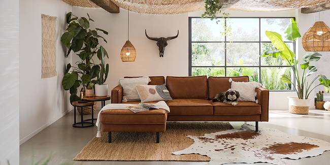 Ecksofa Braun/Cognac Microfaser Yaka 236 x 81 x 164cm Longchair davorstehend rechts ohne Schlaffunktion Industrial