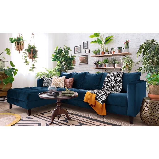 Ecksofa Elnora Blau/Petrol Webstoff 254 x 85 x 165cm Ottomane davorstehend links ohne Hocker Glamour