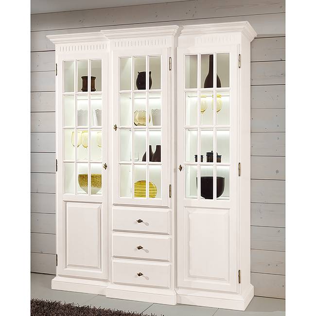 Vitrinenschrank I 171 x 217 x 51cm Beige Pinie massiv - Creme - mit Beleuchtung