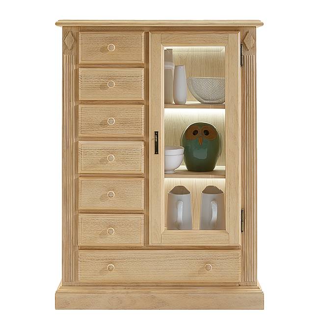Vitrinenschrank I 95 x 131 x 47cm Beige Pinie massiv - mit Beleuchtung
