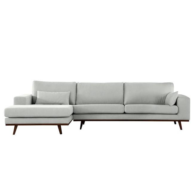 Ecksofa mit Longchair Grau/Grau Baumwollstoff Vele 281 x 81 x 153cm Longchair davorstehend links Buche Dunkel Retro