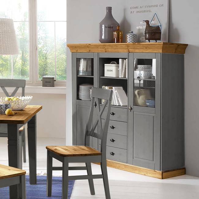 Highboard 143 x 145 x 45cm Braun/Grau/Kiefer Grau/Kiefer Laugenfarbig