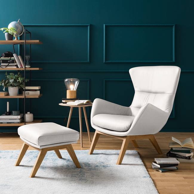 Sessel mit Holzfüßen Weiß Echtleder Neka Eiche Dunkel 84 x 99 x 96cm