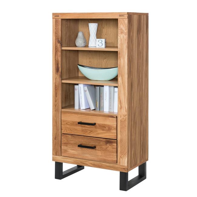 Regal Front: Massivholz Eiche, geölt Korpus: MDF Mitteldichte Holzfaserplatte , furniert Griffe & Gestell: Metall, pulverbeschichtet Braun 66 x