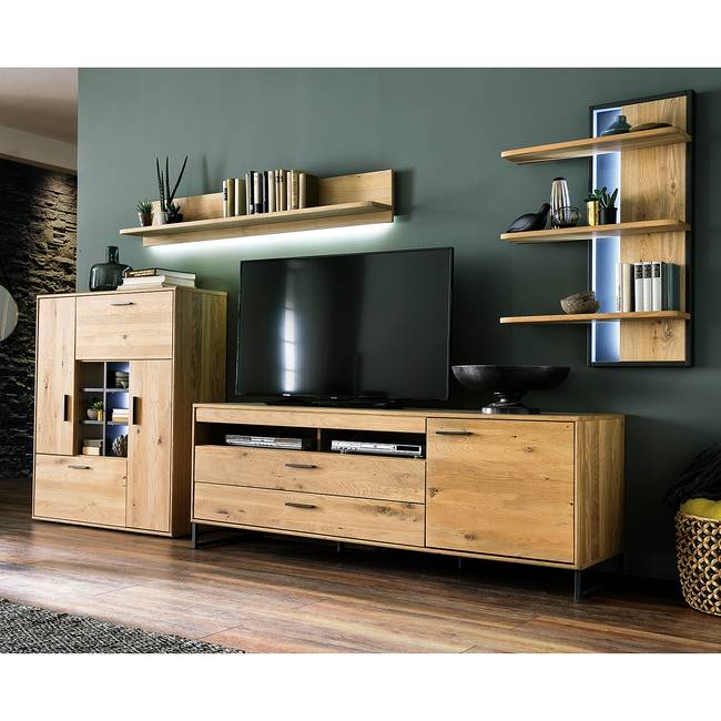 TV-Lowboard Front: Massivholz Asteiche, geölt Korpus: MDF Mitteldichte Holzfaserplatte , furniert Griffe & Füße: Metall, lackiert Braun 184cm