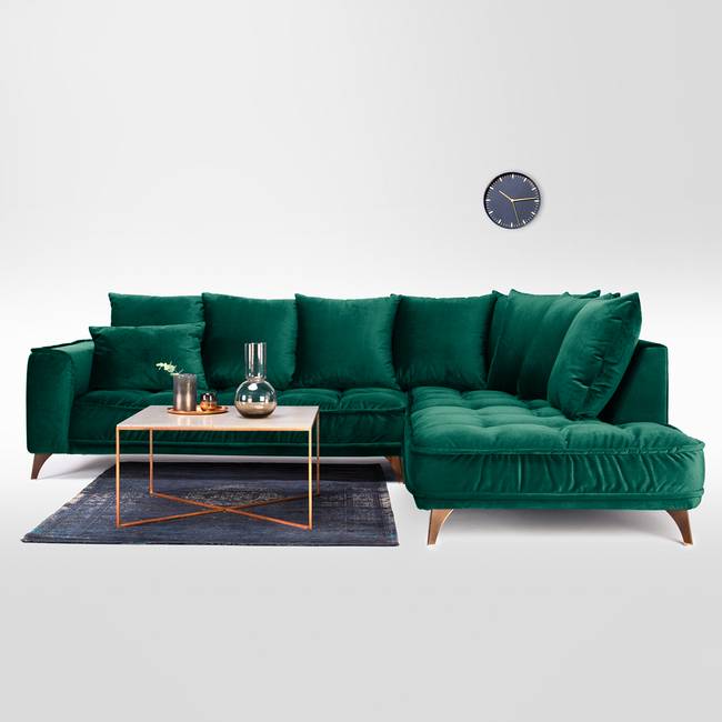 Ecksofa Grün/Dunkelgrün Samt 288 x 92 x 245cm Ottomane davorstehend rechts Glamour