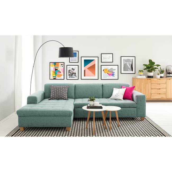 Ecksofa Roblin Blau/Grün/Mintgrau Webstoff Guro 266 x 80 x 162cm Longchair davorstehend links Schlaffunktion Natur