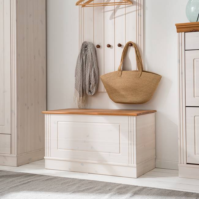 Massive Garderobenbank 80 x 45 x 42cm Weiß/Kiefer Weiß