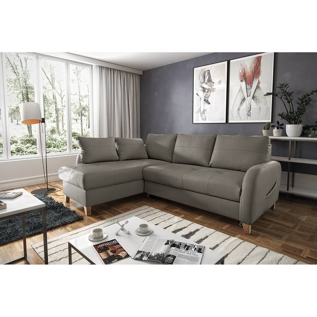 Ecksofa Monserrat Braun/Schlamm Korpus: Kunstleder Sitzfläche: Echtleder 227 x 82 x 170cm Longchair davorstehend links Schlaffunktion Modern