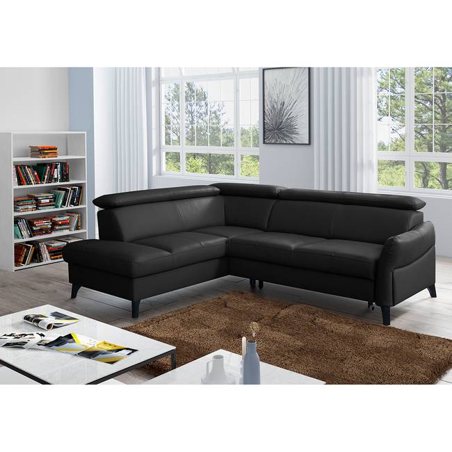 Ecksofa Junin Schwarz/Schwarz Korpus: Kunstleder Sitzfläche: Echtleder 240 x 81 x 200cm Ottomane davorstehend links Bettkasten/Schlaffunktion
