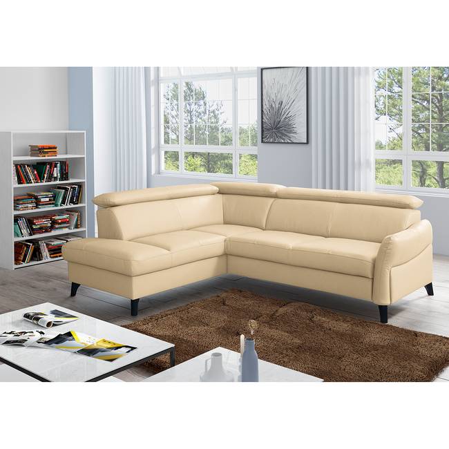 Ecksofa Junin Beige/Warmes Beige Korpus: Kunstleder Sitzfläche: Echtleder 240 x 81 x 200cm Ottomane davorstehend links Keine Funktion Modern
