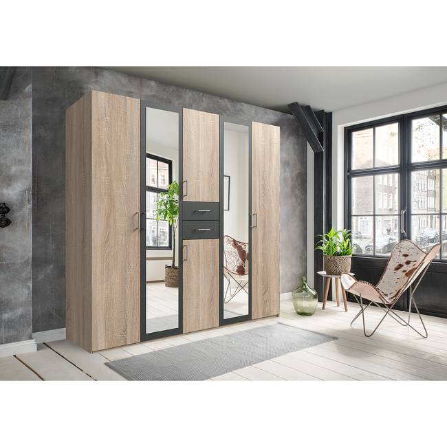 Drehtürenschrank 225cm Braun/Grau/Eiche Sägerau Dekor/Graphit Silber