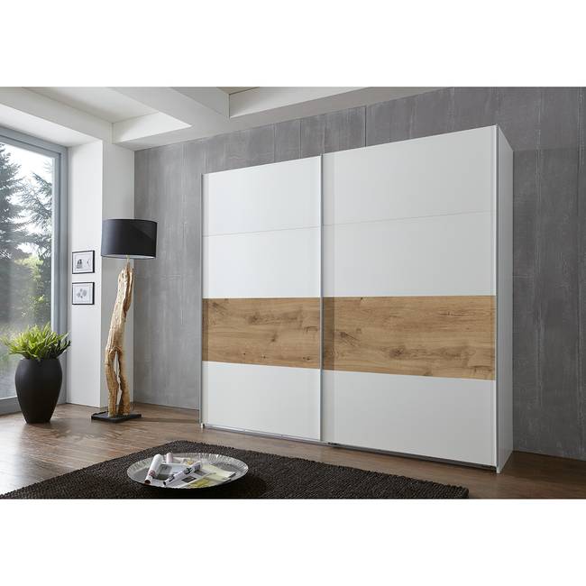 Schwebetürenschrank 270cm Weiß/Alpinweiß/Plankeneiche Dekor
