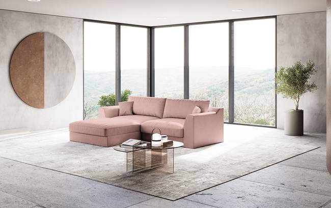Ecksofa mit Longchair Pink/Hellrosa Webstoff Palila 277 x 90 x 199cm Longchair davorstehend links Modern