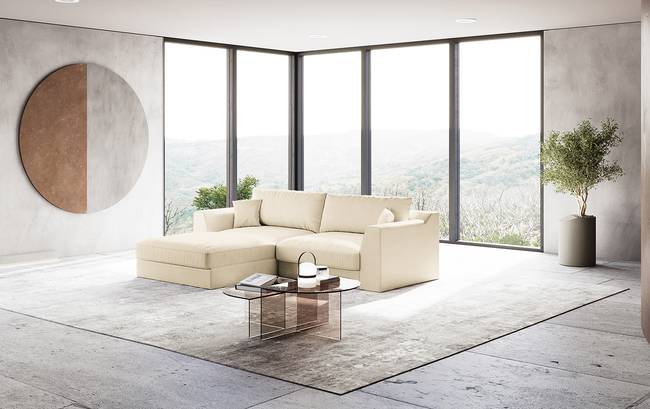 Ecksofa mit Longchair Beige/Creme Webstoff Palila 277 x 90 x 199cm Longchair davorstehend links Modern