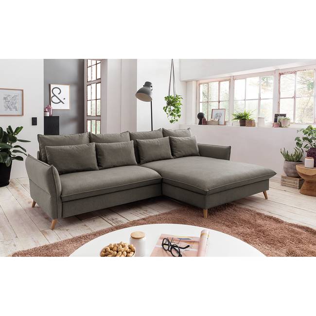 Ecksofa Sketty Grau/Lehm Microfaser 274 x 88 x 170cm Longchair davorstehend rechts Bettkasten/Schlaffunktion Modern