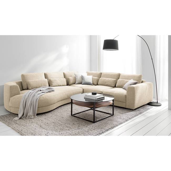 Ecksofa 2-Sitzer mit Ottomane Beige Webstoff Amila 270 x 74 x 306cm Ottomane davorstehend links Modern