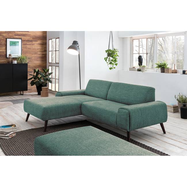 Ecksofa Bingham Blau/Blau Webstoff Pras 236 x 82 x 169cm Longchair davorstehend links mit Schlaffunktion mit Hocker Modern