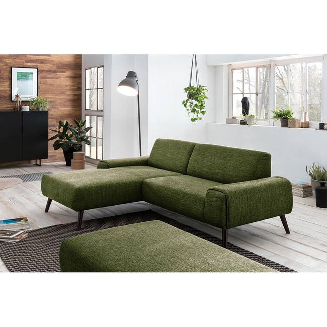 Ecksofa Bingham Grün/Grün Webstoff Pras 236 x 82 x 169cm Longchair davorstehend links mit Schlaffunktion mit Hocker Modern
