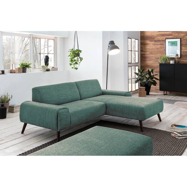 Ecksofa Bingham Blau/Blau Webstoff Pras 236 x 82 x 169cm Longchair davorstehend rechts mit Schlaffunktion mit Hocker Modern