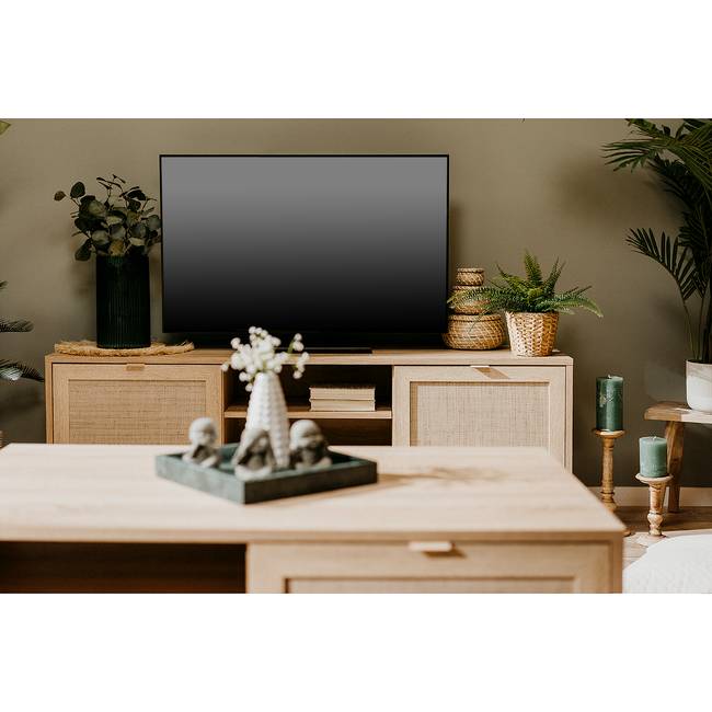 TV-Lowboard Front & Korpus: MDF Mitteldichte Holzfaserplatte , beschichtet Griffe: Kunststoff Füße: Massivholz Eiche, lackiert Braun/Beige 150