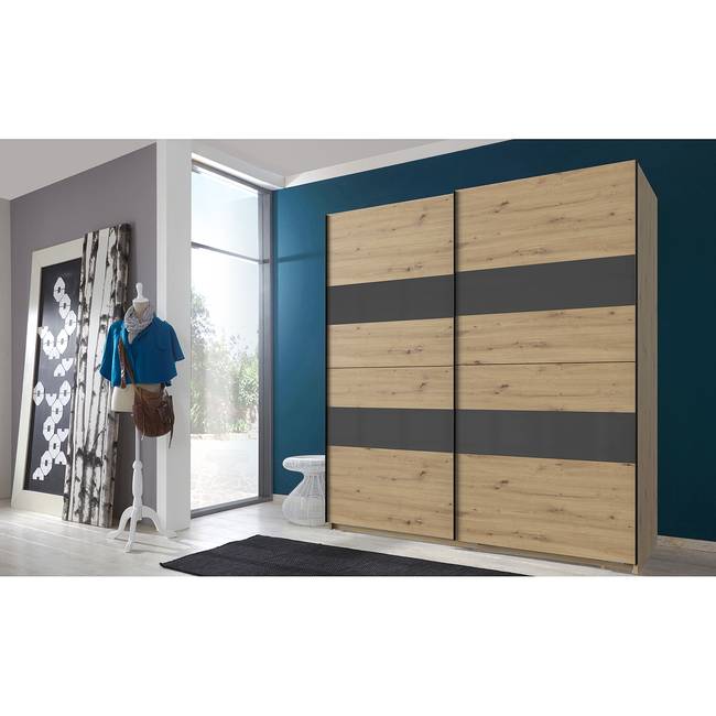 Schwebetürenschrank Altona I 180cm Braun/Plankeneiche Dekor/Glas Grau