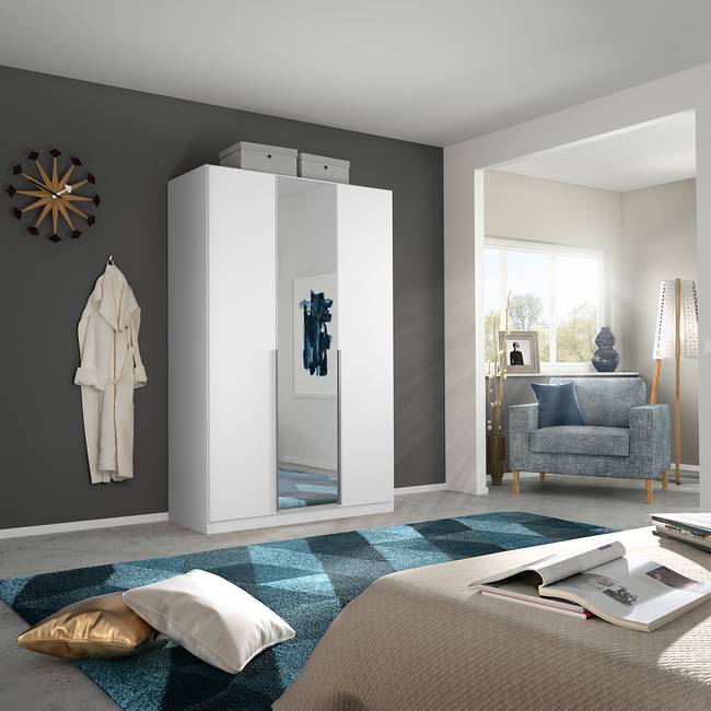 Drehtürenschrank 136 x 229cm Weiß/Alpinweiß/Grau Basic mit Spiegeltür/-en