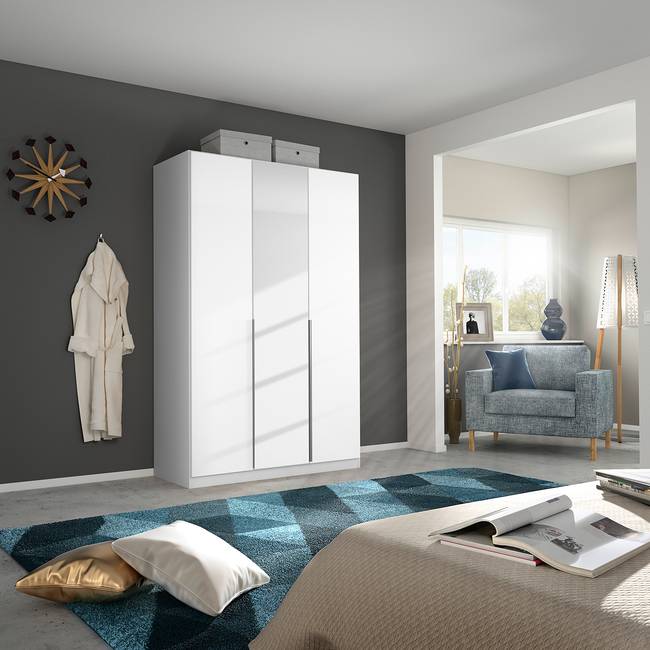 Drehtürenschrank Alabama 136 x 210cm Weiß/Hochglanz Weiß/Grau Basic Aluminium mit Spiegeltür/-en