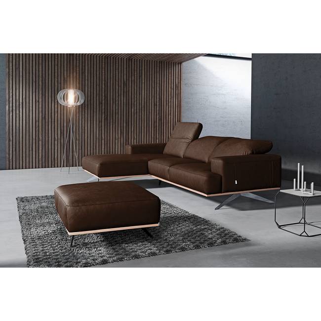 Ecksofa Braun/Dunkelbraun Echtleder Nadra 298 x 76 x 187cm Longchair davorstehend links Gestell:Buche Chrom glänzend Modern