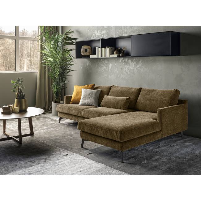 Ecksofa Vieux Bourg Grün/Dunkelgrau Flachgewebe Nona 244 x 79 x 170cm Longchair davorstehend rechts Skandi