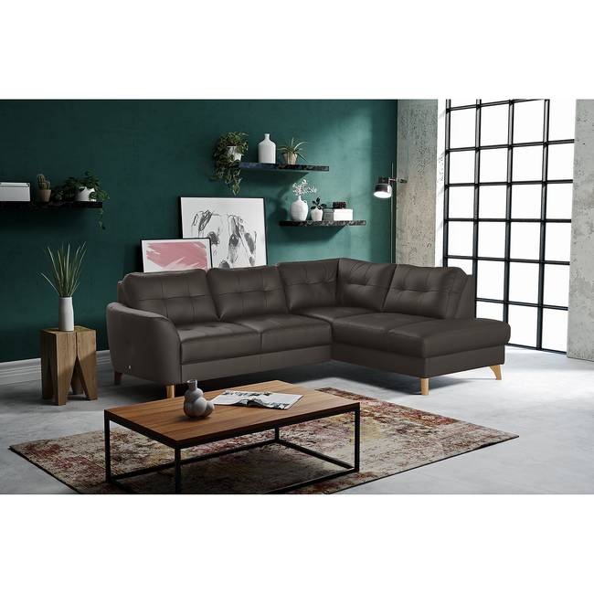 Ecksofa Heimari II Braun/Dunkelbraun Echtleder Mabel 236 x 82 x 190cm Ottomane davorstehend rechts mit Schlaffunktion Modern