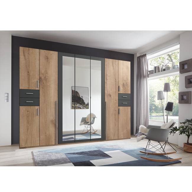 Drehtürenschrank 316cm Schwarz/Braun/Graphit/Eiche Dekor