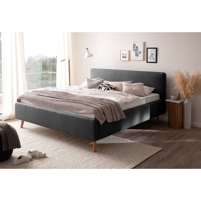 Polsterbett MATTIS 180 x 200cm Webstoff Asha Grau/Anthrazit mit Lattenrost Eiche