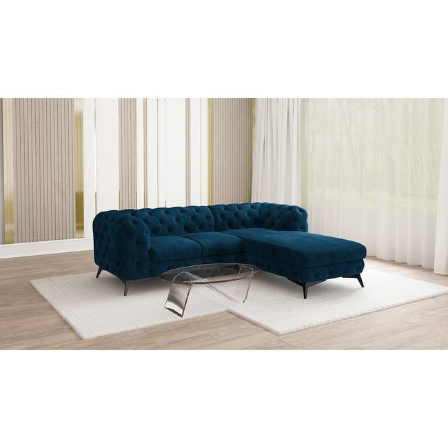 Ecksofa I Blau Samt Ravi 261cm Ottomane davorstehend rechts Glamour