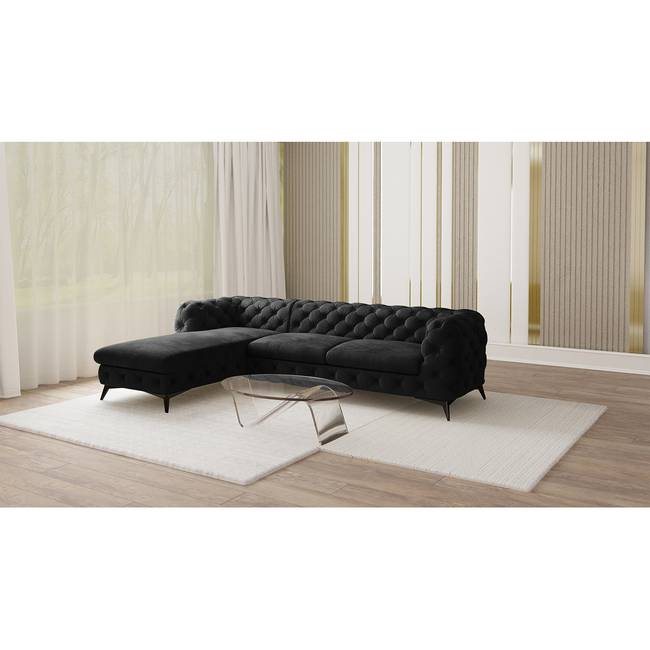 Ecksofa I Schwarz Samt Ravi 305cm Ottomane davorstehend links Glamour