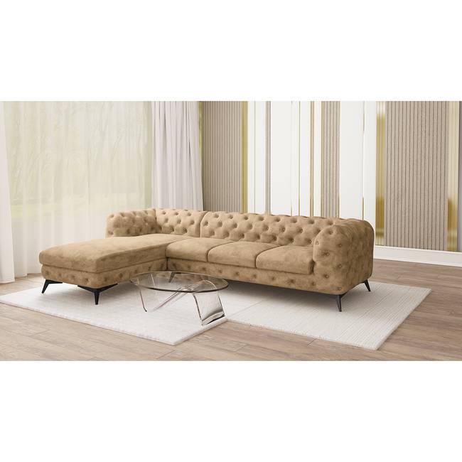 Ecksofa I Beige Microfaser Priya 323cm Ottomane davorstehend links Glamour