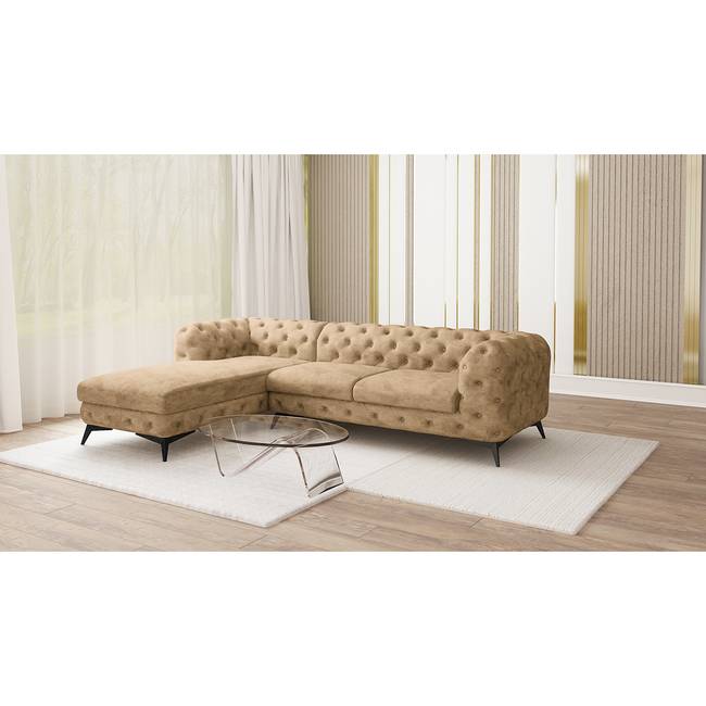Ecksofa I Beige Microfaser Priya 305cm Ottomane davorstehend links Glamour
